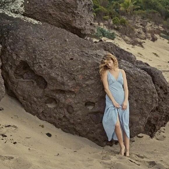 Doen Womens Sonia Floral Printed Cerulean Blue Hillside Long Maxi Gown Dress L - Picture 2 of 11